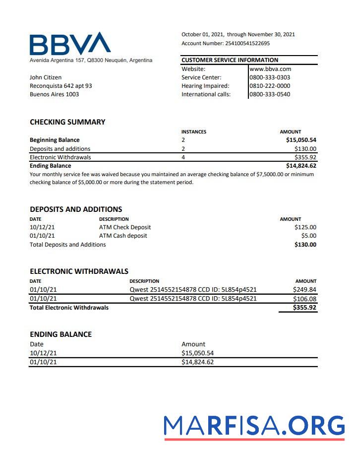 Realistic Argentina BBVA Bank statement excel template